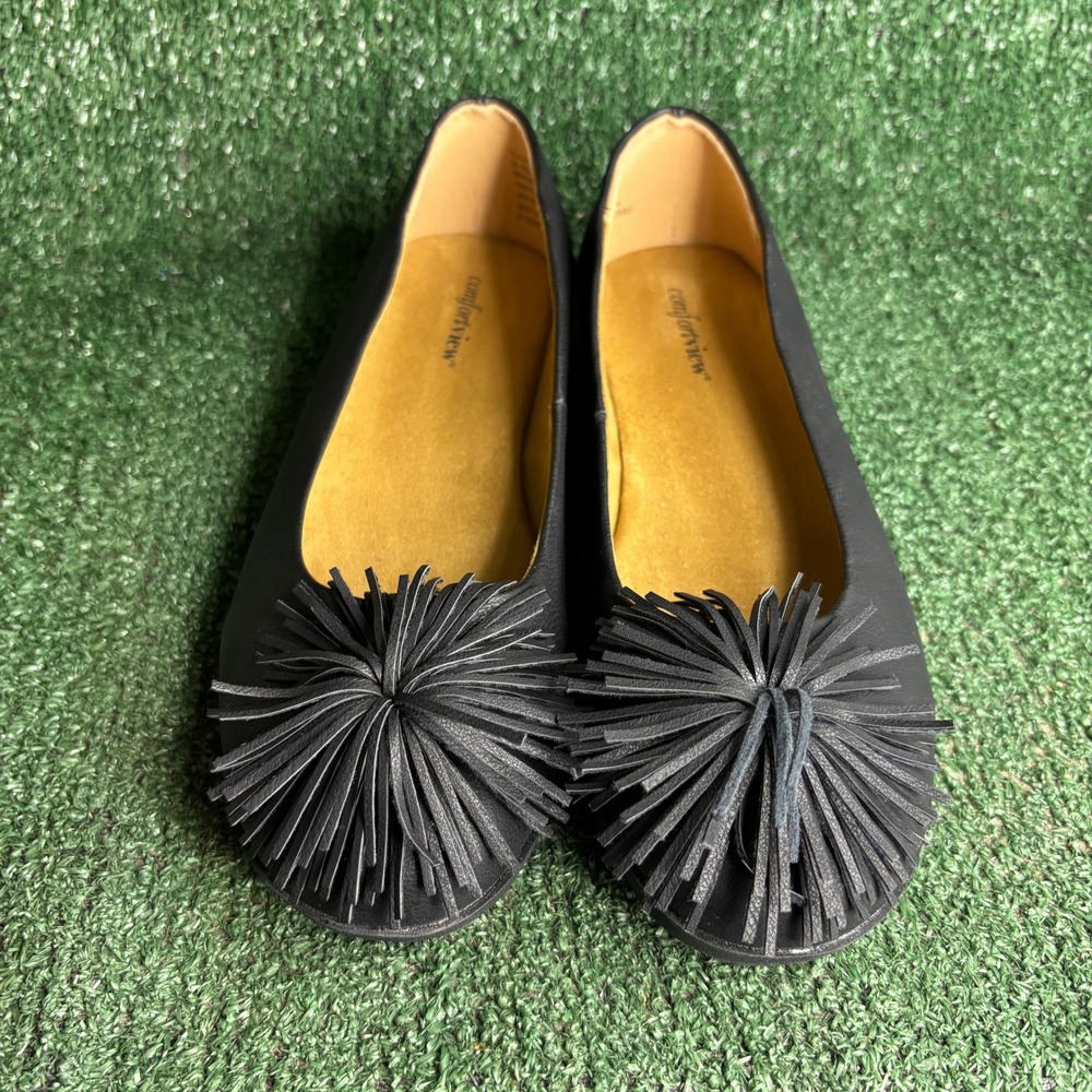 NEW Comfortview Tilly Pompom Slip On Comfort Flats Black Womens 9.5WW Extra Wide